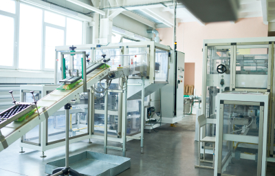 A modern industrial facility showing various machinery and equipment for system integration and engineering processes. The space is well-lit, featuring a conveyor belt and multiple units designed for efficient engineering operations.