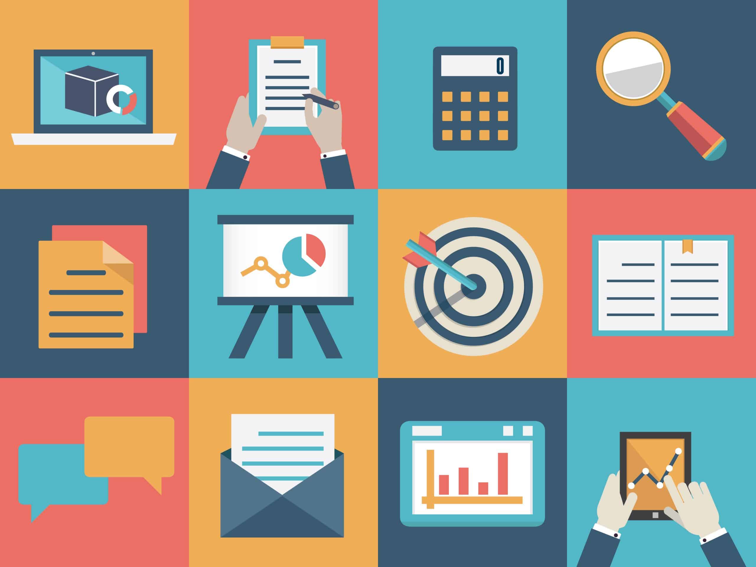 Icons representing technical writing and engineering tasks, including a laptop, clipboard, calculator, presentation board, and communication symbols, demonstrating the essential skills engineers need for technical writing.