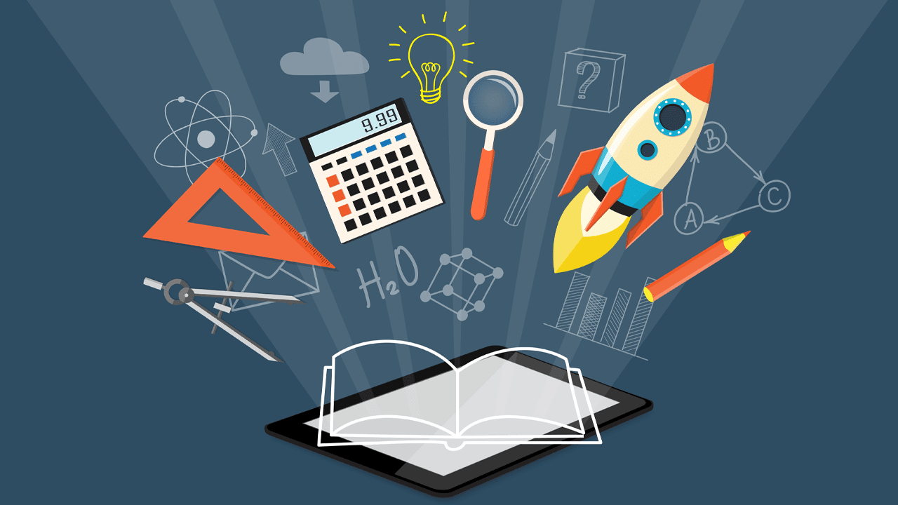 An open book on a tablet surrounded by educational tools, including a calculator, compass, protractor, pencil, rocket, light bulb, and scientific symbols. This image represents technical writing and engineering concepts for improved clarity.