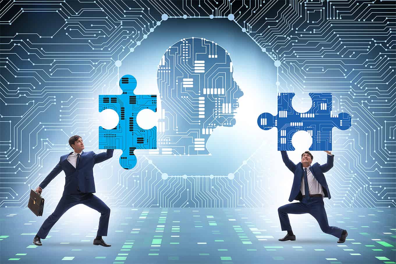 Two business professionals hold large puzzle pieces with circuit patterns, set against a tech-themed background. The image symbolizes the integration of ideas and technology in digital transformation for industrial assets.