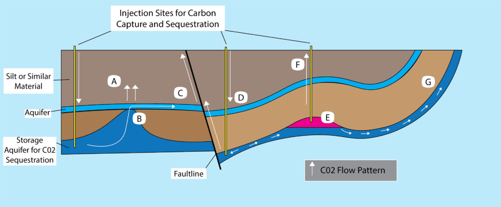 Potential escape routes for CO2 injected into saline formations