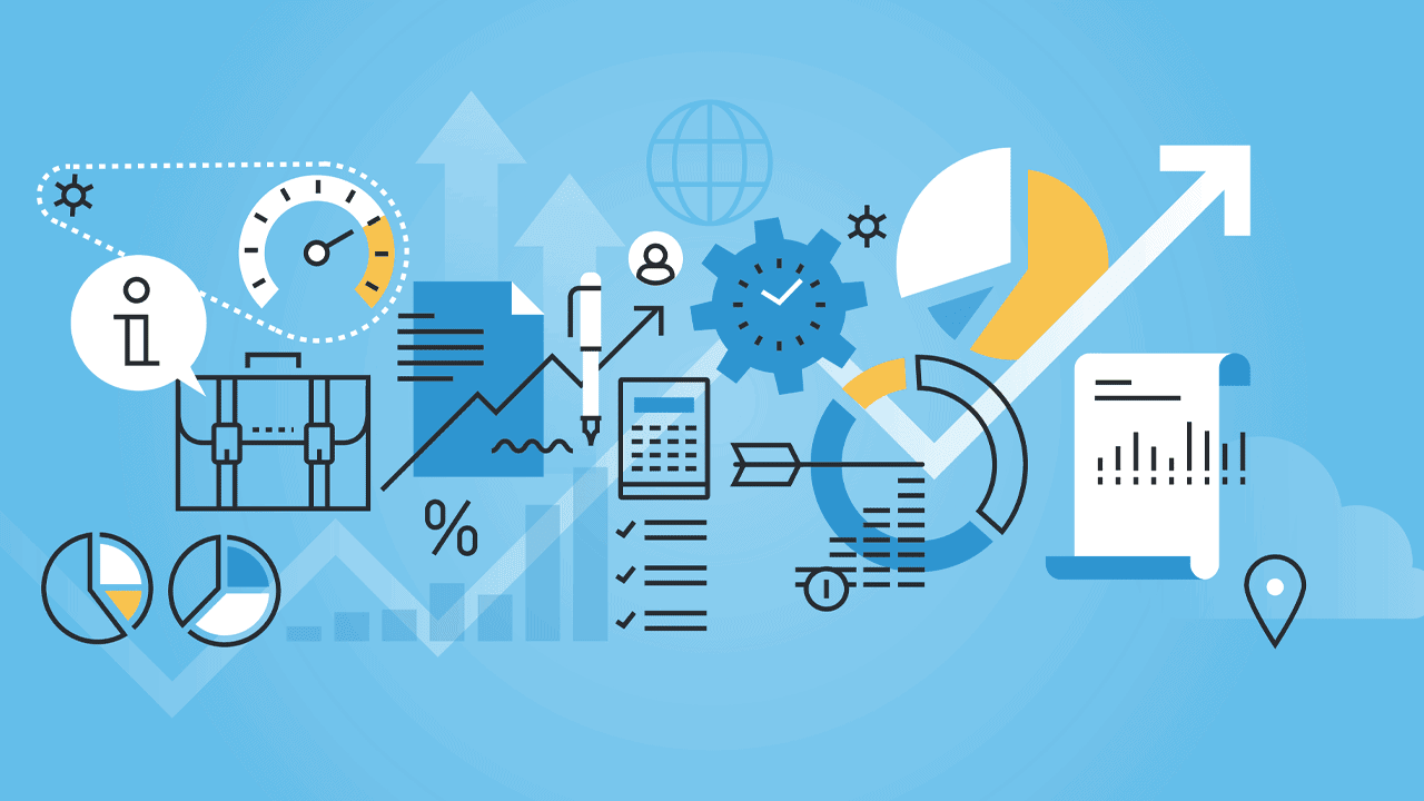 Illustration featuring various business and data analysis icons such as charts, gears, clocks, and checklists. These elements represent the process of creating effective executive summaries to capture interest and enhance business plans.
