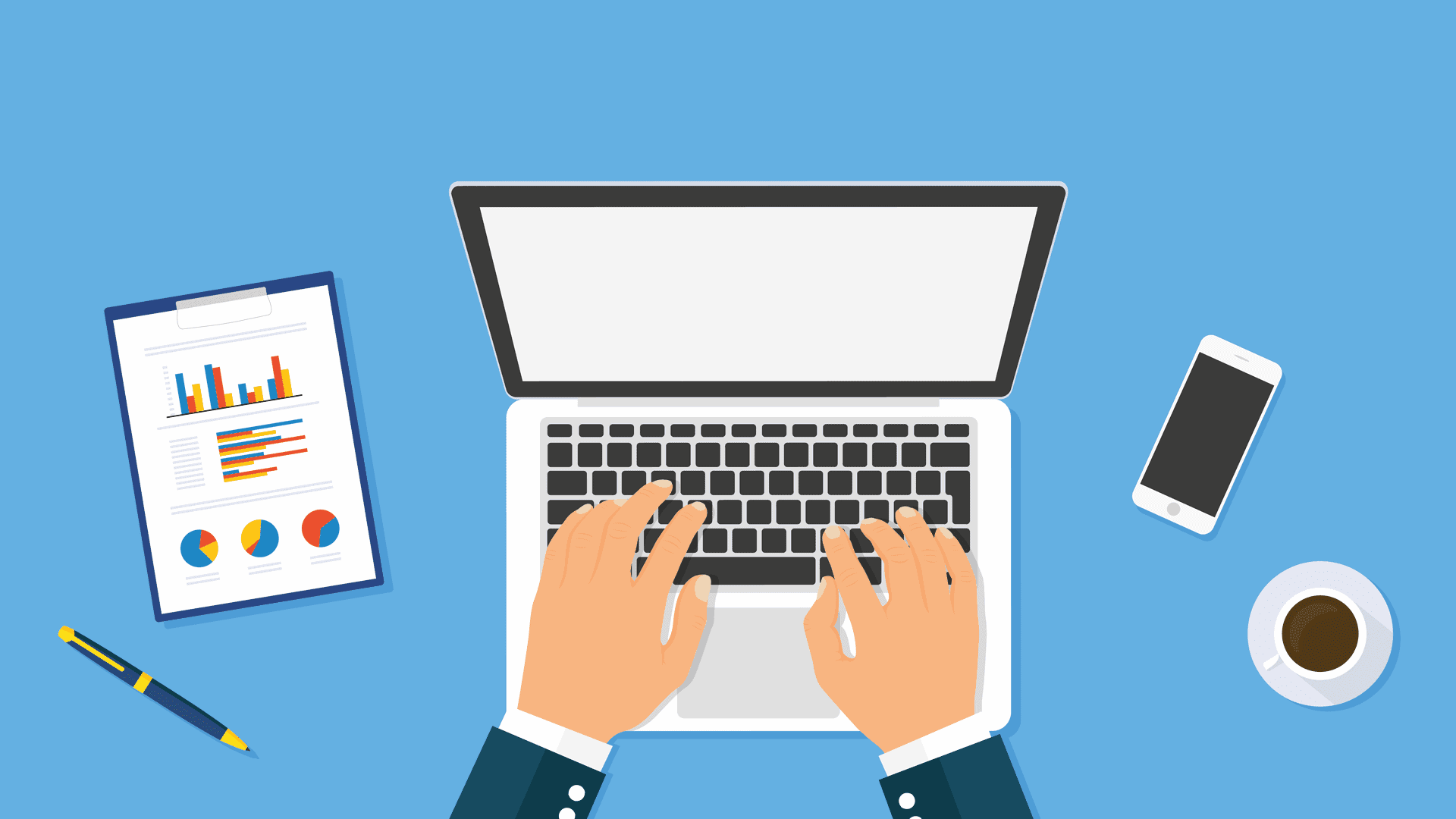 A person is typing on a laptop with an empty screen. Nearby, there is a clipboard with charts and graphs, a smartphone, and a cup of coffee. The setting suggests a workspace focused on writing and analysis.