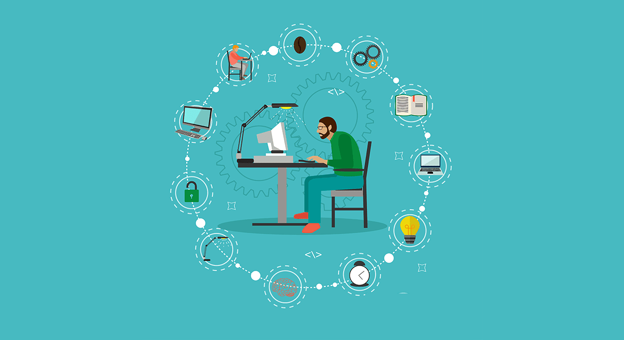 Illustration of a person sitting at a desk, using a computer. Surrounding the figure are various icons representing productivity tools, including a book, light bulb, and lock, symbolizing software and editing techniques for improving writing and creativity.