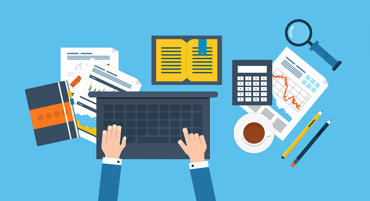A flat lay image showing a laptop with hands typing. Surrounding it are papers with graphs, a calculator, a book with a bookmark, a magnifying glass, a cup of coffee, and colored pencils, indicating a workspace for writing engineering reports.