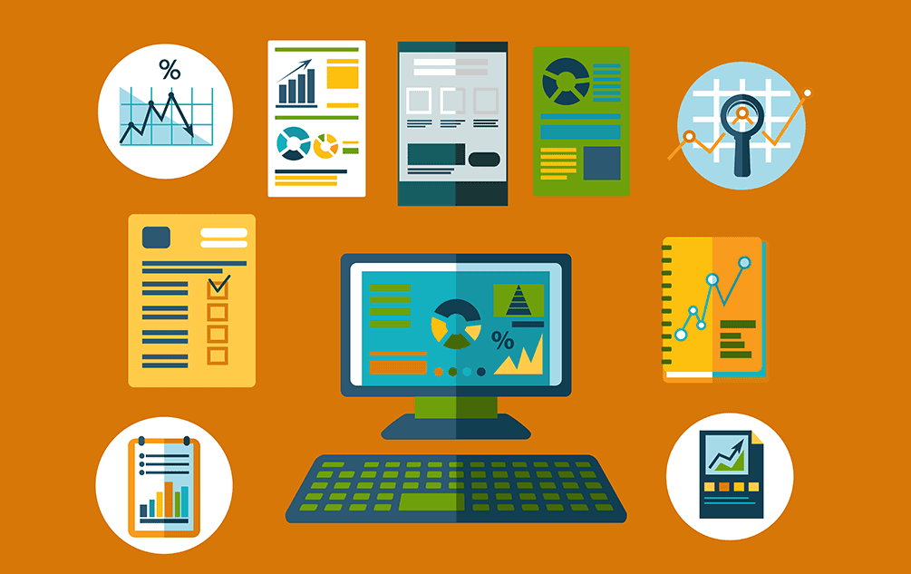 A digital workspace featuring a computer with various graphs, charts, and documents around it. The elements represent data analysis, reporting, and effective communication techniques to enhance clarity in writing and presentations.
