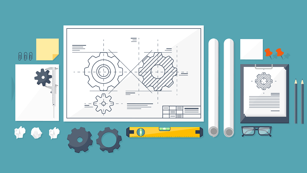 Illustration of engineering tools including a blueprint with gears, mechanical components, a level, paper rolls, and office items like pencils and sticky notes. This image represents technical writing and engineering design processes at Vista Projects.