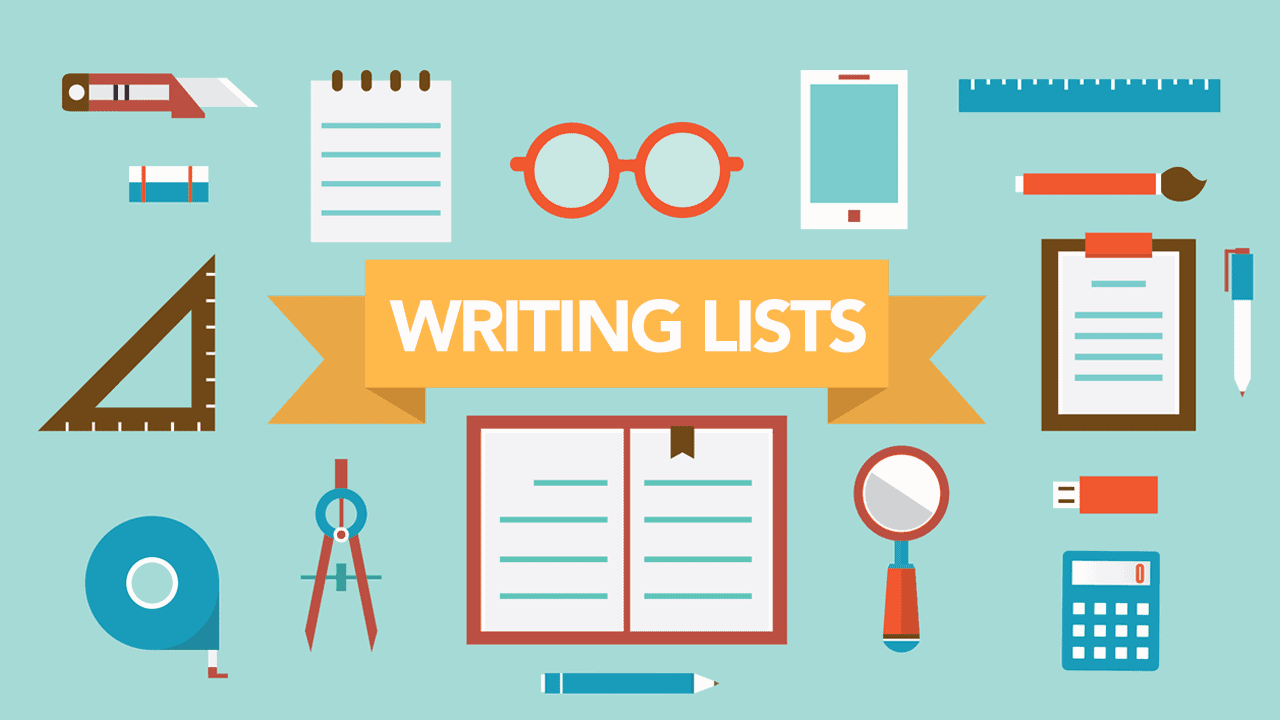 Illustration depicting various tools for writing lists, including a notebook, pen, ruler, glasses, and a smartphone, with the text "WRITING LISTS" prominently displayed in the center, illustrating essential resources for effective technical writing.