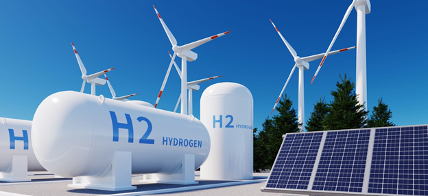 Hydrogen storage tanks labeled 'H2' are shown alongside wind turbines and solar panels, illustrating renewable energy solutions in the hydrogen industry, highlighting the integration of clean energy sources for future sustainability.
