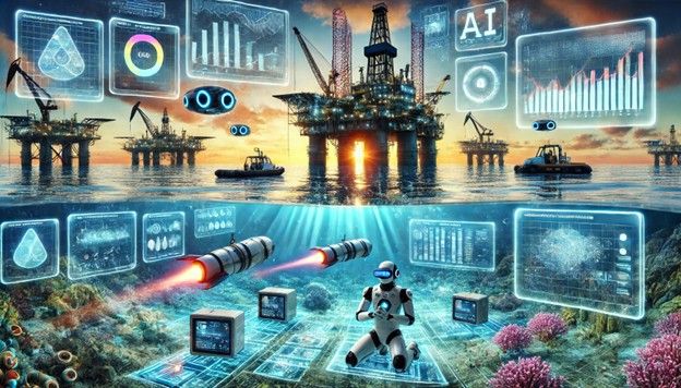 An underwater scene showcasing a diver interacting with digital technology. Above the surface, offshore oil rigs are visible, with data and AI visualization graphics surrounding both environments, symbolizing the integration of AI in the energy sector.