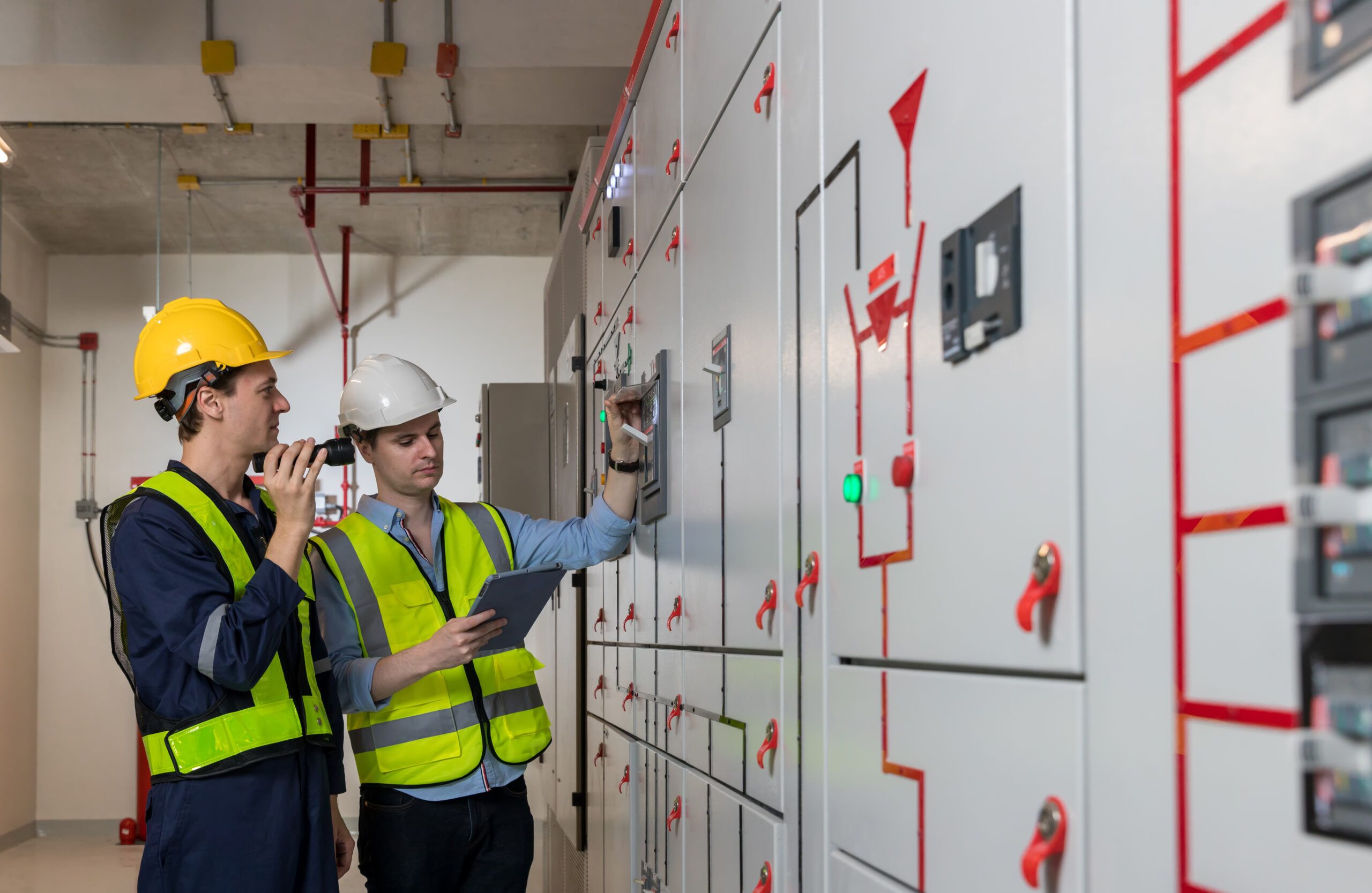 electrical control room with engineers at work