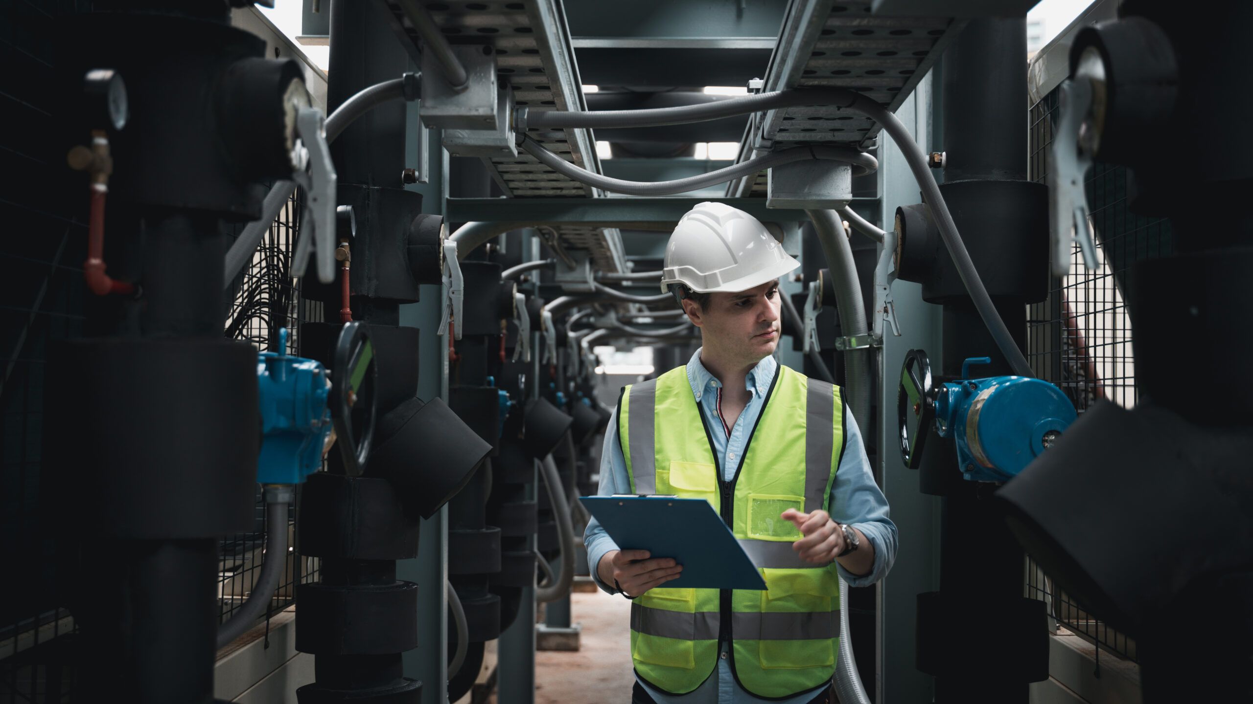 Engineer in safety gear inspecting industrial power equipment with a clipboard in hand.