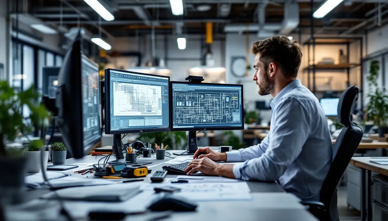Electrical designer using CAD software to create detailed electrical schematics and system diagrams on dual monitors