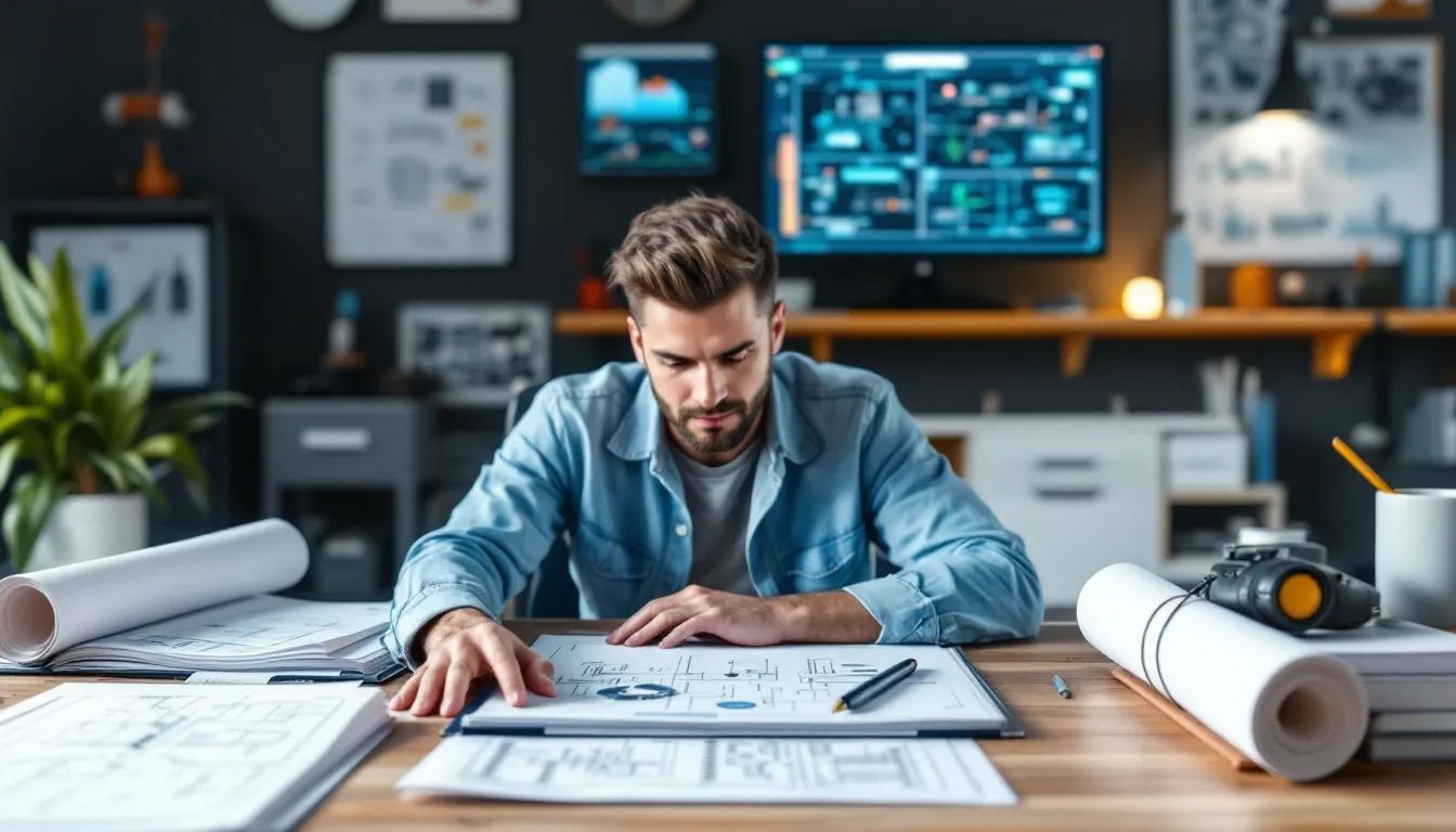 Professional electrical designer reviewing technical schematics and blueprints with CAD software in engineering workspace