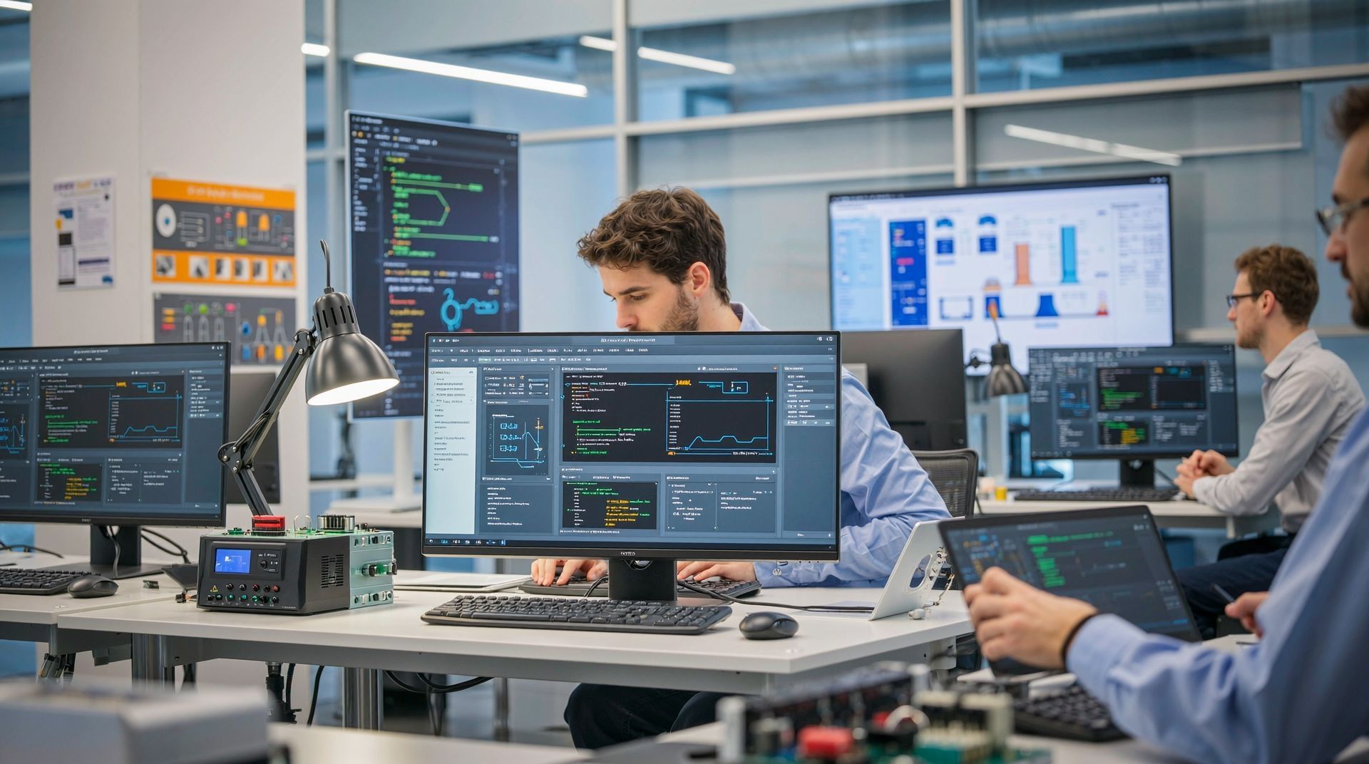 Electrical engineers using programming software and testing equipment in collaborative professional workspace environment