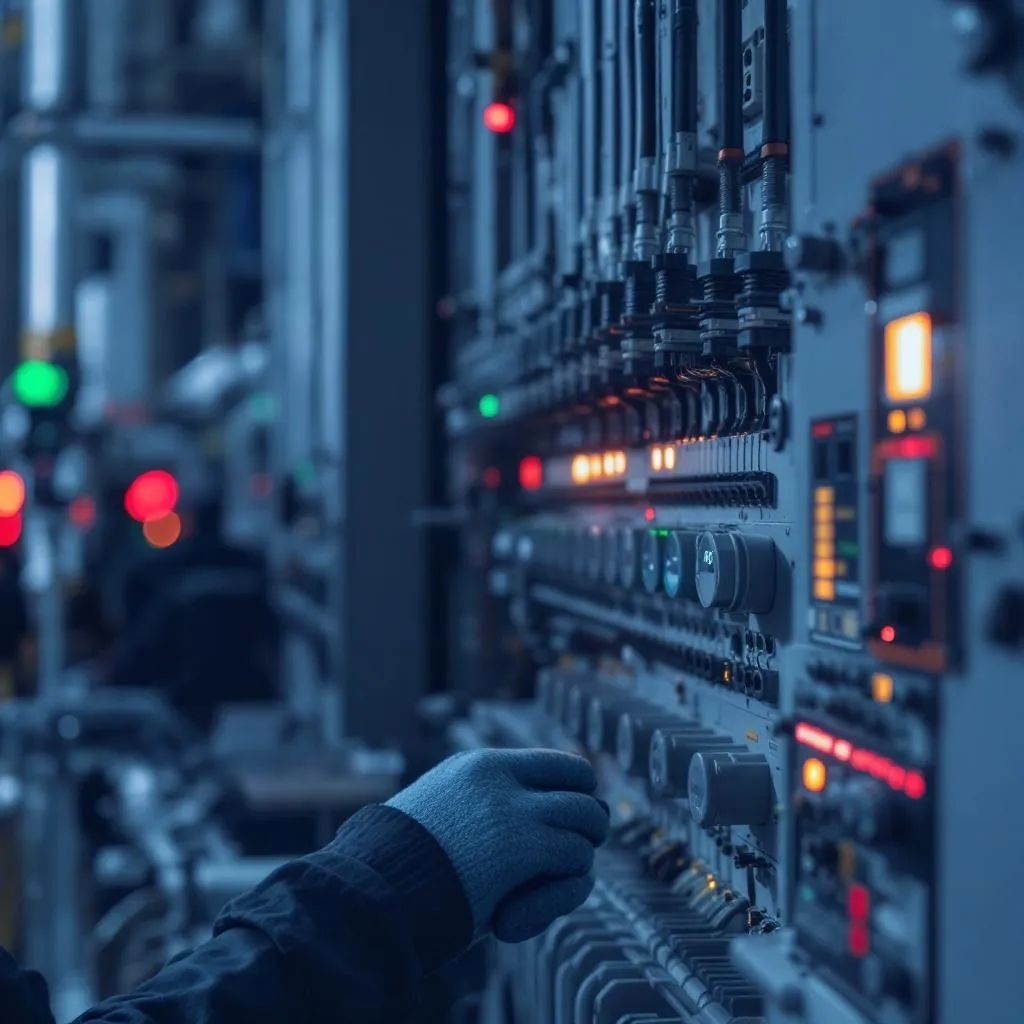 Hand of an electrical designer or engineer operating controls on a complex industrial electrical panel with indicator lights.