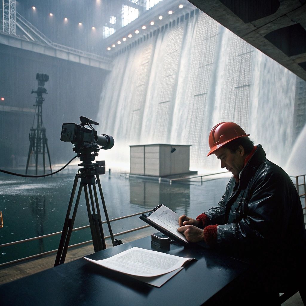 Mechanical engineer in a red hard hat writing notes at a large industrial facility, with a massive water flow in the background.