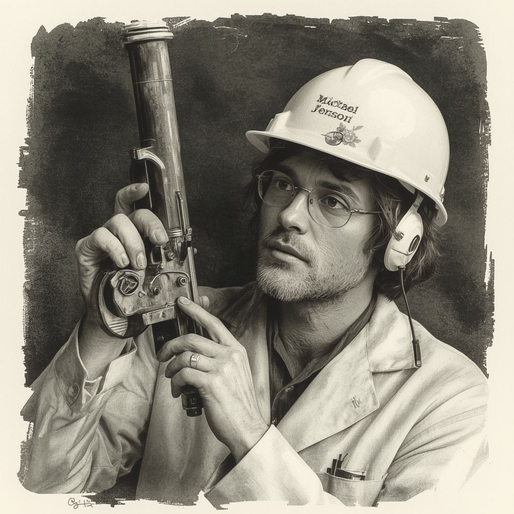Mechanical Engineer (Michael Jonson) in a hard hat and lab coat inspecting an antique firearm, emphasizing precision engineering skills.