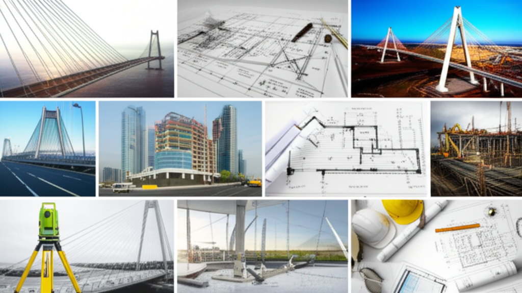 Collage of civil engineering projects, blueprints, surveying, and construction for portfolio guide.