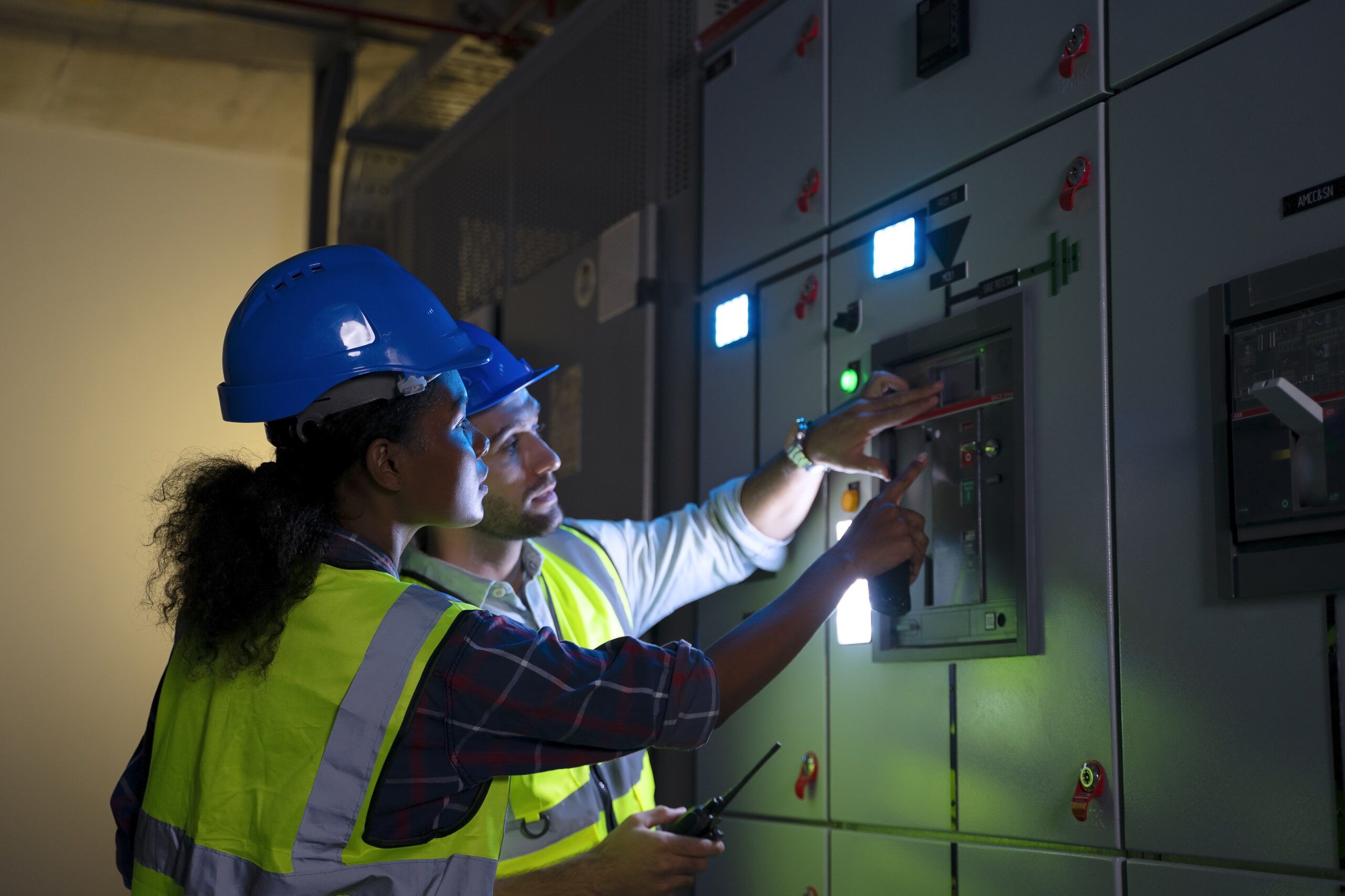 Two electrical workers in PPE coordinating emergency response at industrial switchgear panel