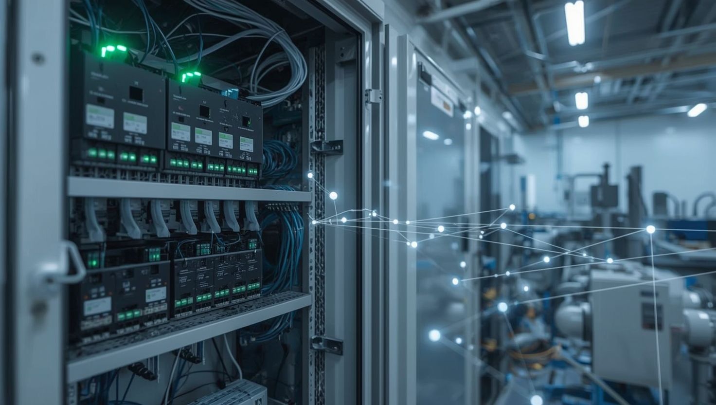 Industrial remote I/O cabinet with Ethernet modules and network connectivity visualization in facility